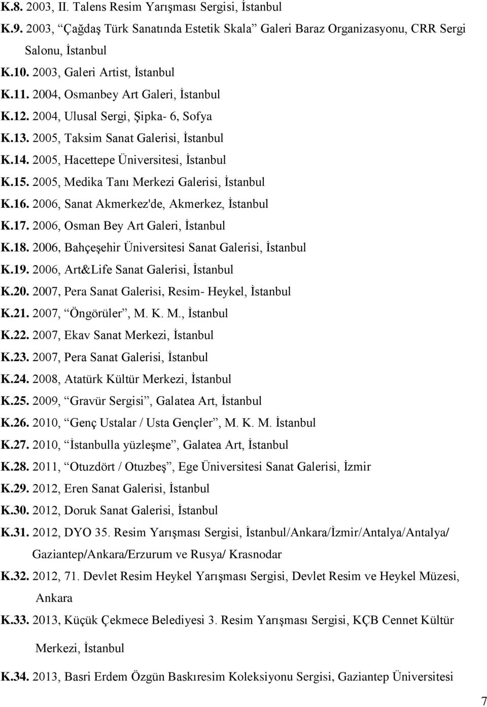 2005, Medika Tanı Merkezi Galerisi, İstanbul K.16. 2006, Sanat Akmerkez'de, Akmerkez, İstanbul K.17. 2006, Osman Bey Art Galeri, İstanbul K.18.