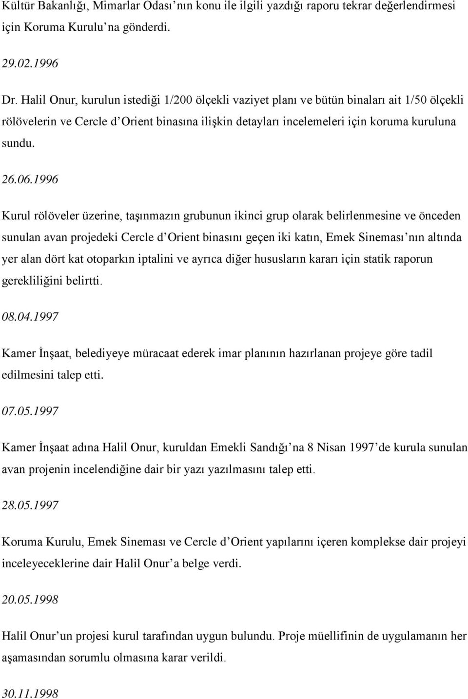 1996 Kurul rölöveler üzerine, taşınmazın grubunun ikinci grup olarak belirlenmesine ve önceden sunulan avan projedeki Cercle d Orient binasını geçen iki katın, Emek Sineması nın altında yer alan dört