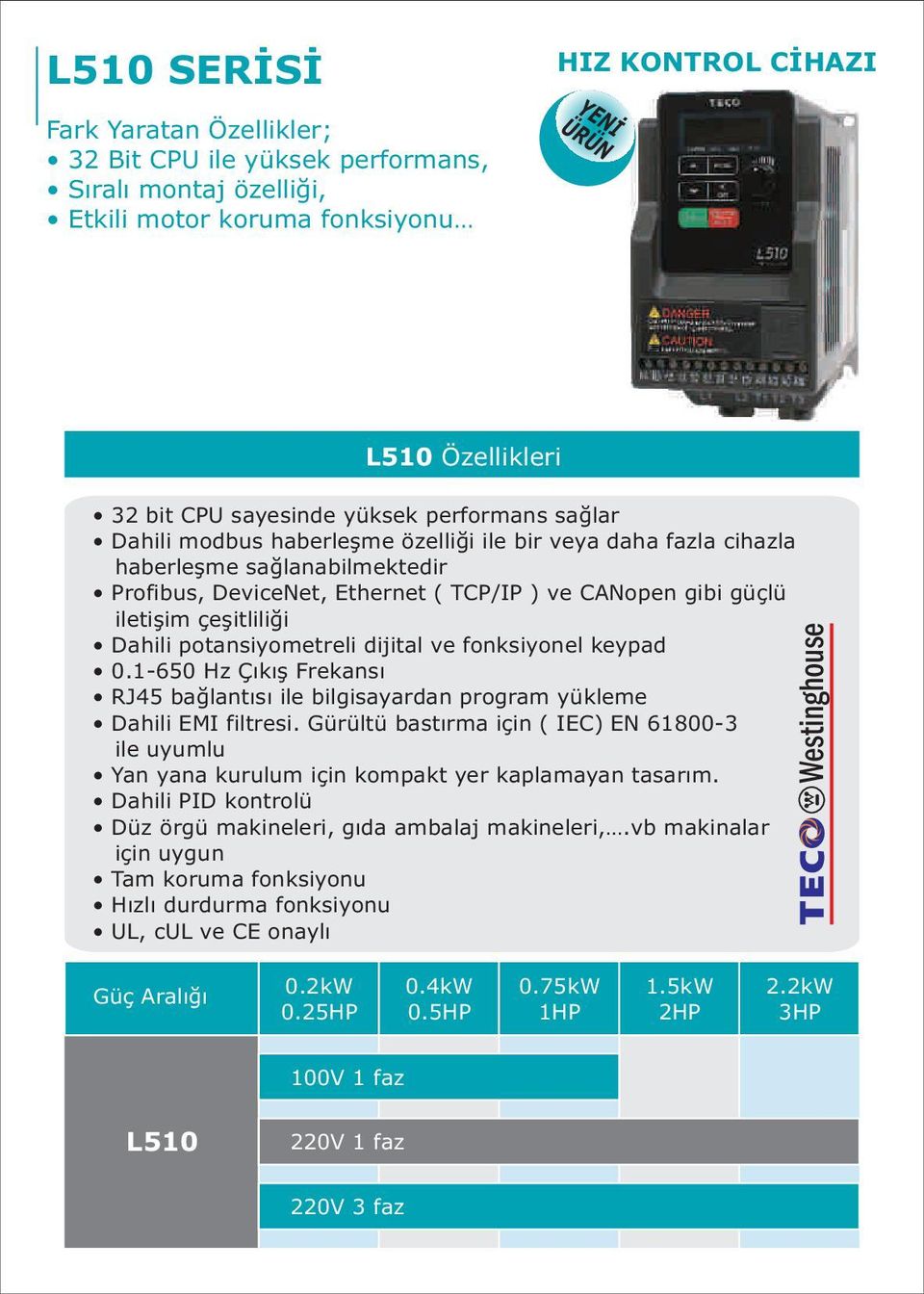 Dahili potansiyometreli dijital ve fonksiyonel keypad 0.1-650 Hz Çýkýþ Frekansý RJ5 baðlantýsý ile bilgisayardan program yükleme Dahili EMI filtresi.