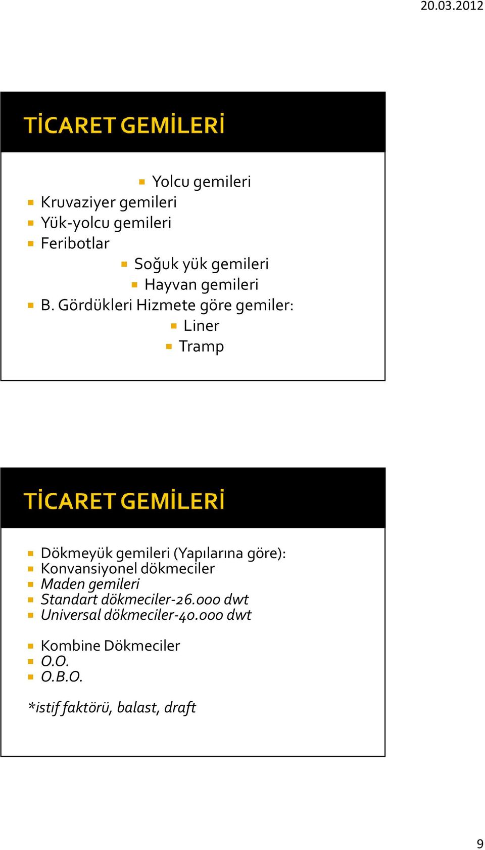 Gördükleri Hizmete göre gemiler: Liner Tramp Dökmeyük gemileri (Yapılarına göre):