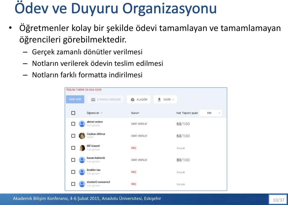 Gerçek zamanlı dönütler verilmesi Notların verilerek