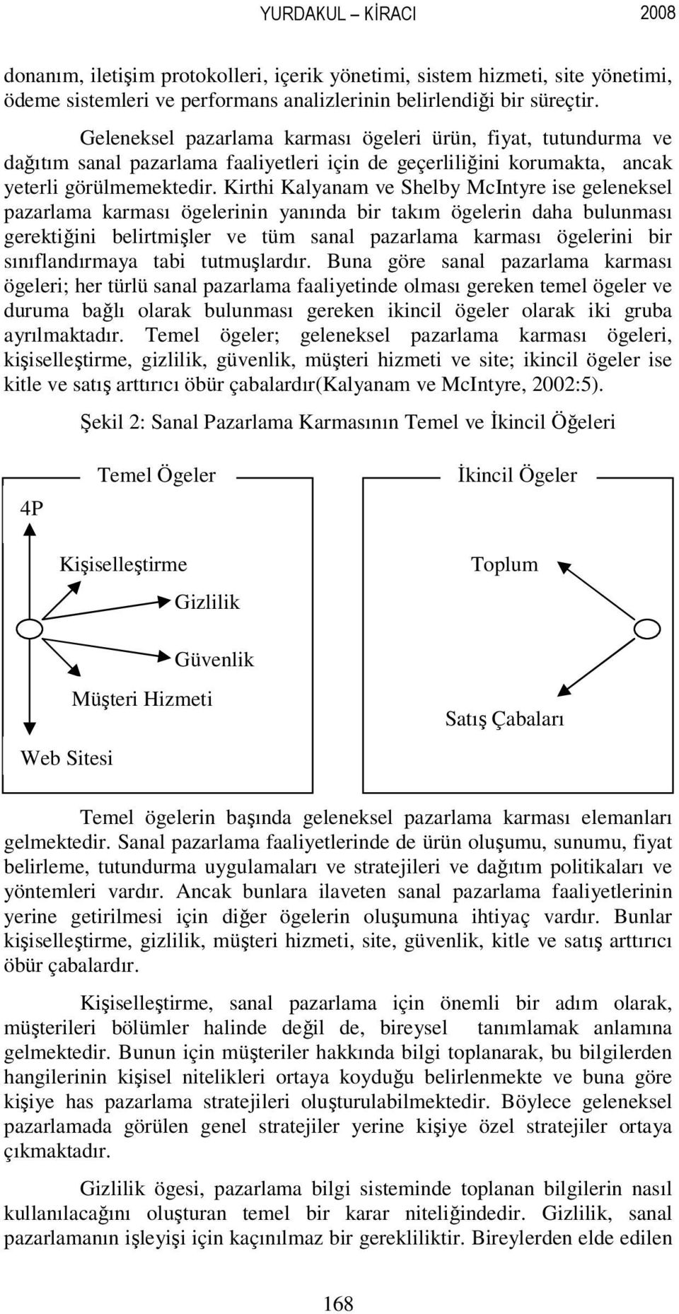 Kirthi Kalyanam ve Shelby McIntyre ise geleneksel pazarlama karması ögelerinin yanında bir takım ögelerin daha bulunması gerektiğini belirtmişler ve tüm sanal pazarlama karması ögelerini bir