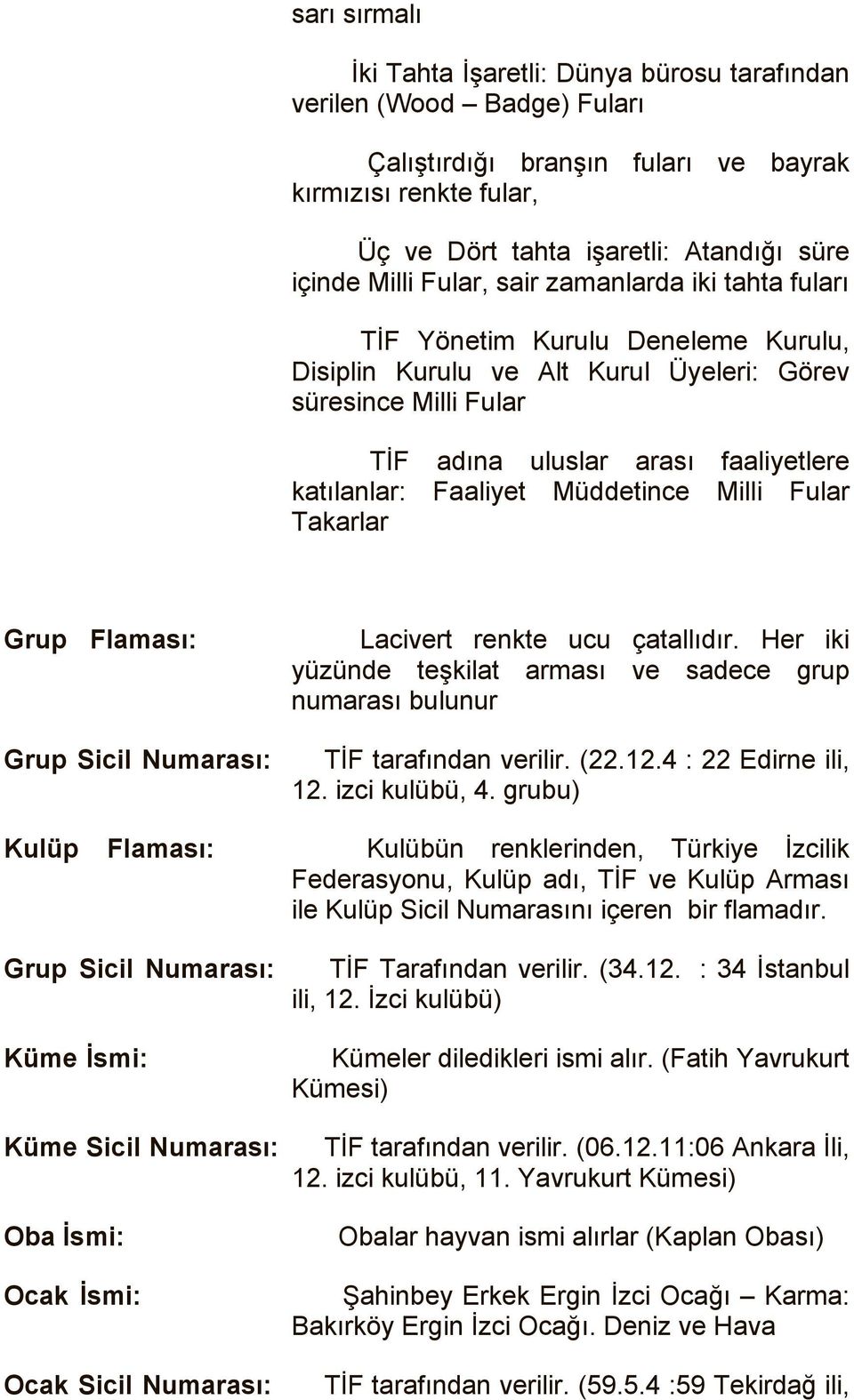 Faaliyet Müddetince Milli Fular Takarlar Grup Flaması: Grup Sicil Numarası: Lacivert renkte ucu çatallıdır. Her iki yüzünde teşkilat arması ve sadece grup numarası bulunur TİF tarafından verilir. (22.