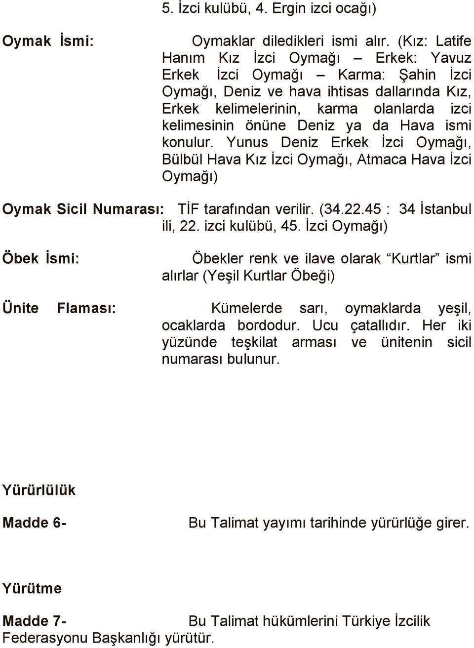 da Hava ismi konulur. Yunus Deniz Erkek İzci Oymağı, Bülbül Hava Kız İzci Oymağı, Atmaca Hava İzci Oymağı) Oymak Sicil Numarası: TİF tarafından verilir. (34.22.45 : 34 İstanbul ili, 22.