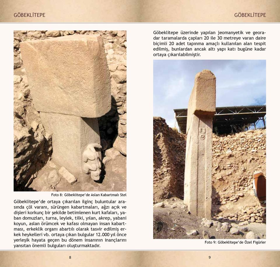 Foto 8: Göbeklitepe de Aslan Kabartmalı Stel Göbeklitepe de ortaya çıkarılan ilginç buluntular arasında çöl varanı, sürüngen kabartmaları, ağzı açık ve dişleri korkunç bir şekilde betimlenen kurt