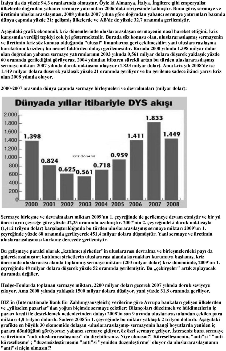 oranında gerilemiştir. Aşağıdaki grafik ekonomik kriz dönemlerinde uluslararasılaşan sermayenin nasıl hareket ettiğini; kriz karşısında verdiği tepkiyi çok iyi göstermektedir.