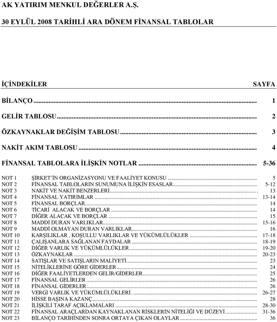 .. 13-14 NOT 5 FĠNANSAL BORÇLAR... 14 NOT 6 TĠCARĠ ALACAK VE BORÇLAR... 14 NOT 7 DĠĞER ALACAK VE BORÇLAR... 15 NOT 8 MADDĠ DURAN VARLIKLAR... 15-16 NOT 9 MADDĠ OLMAYAN DURAN VARLIKLAR.