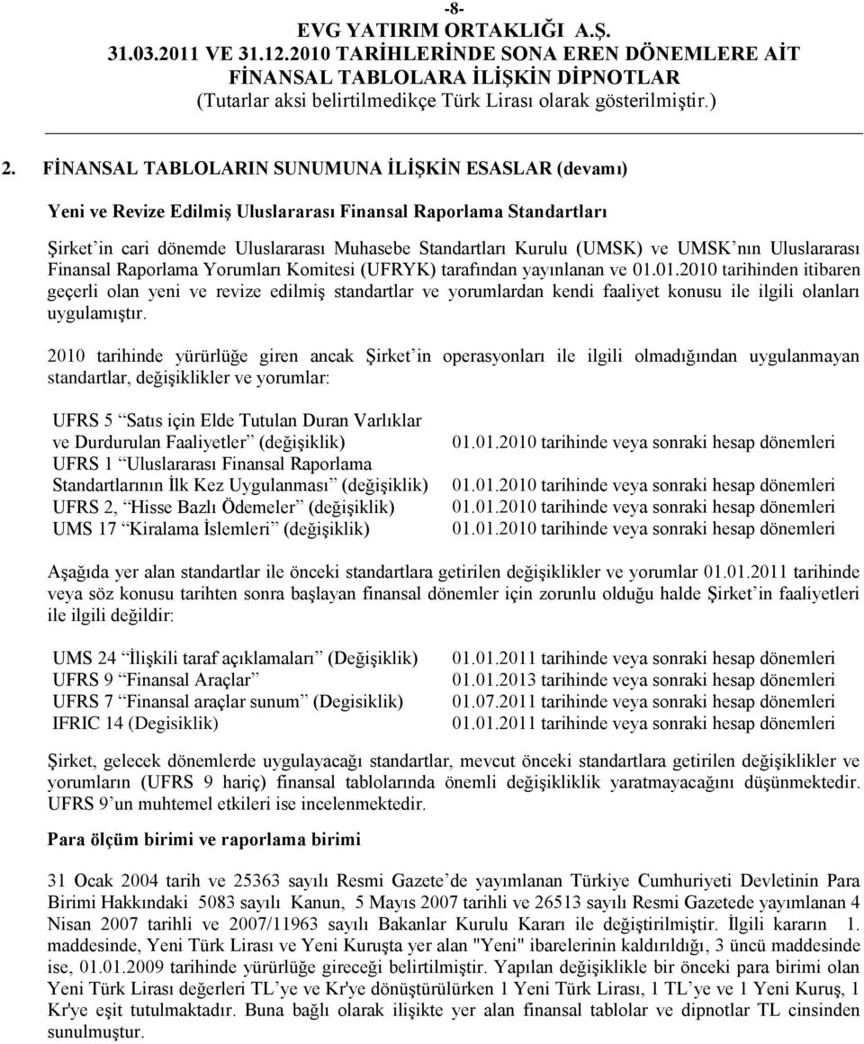 01.2010 tarihinden itibaren geçerli olan yeni ve revize edilmiģ standartlar ve yorumlardan kendi faaliyet konusu ile ilgili olanları uygulamıģtır.