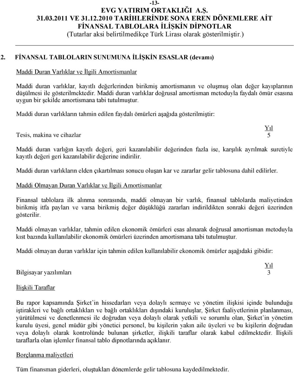 kayıplarının düģülmesi ile gösterilmektedir. Maddi duran varlıklar doğrusal amortisman metoduyla faydalı ömür esasına uygun bir Ģekilde amortismana tabi tutulmuģtur.