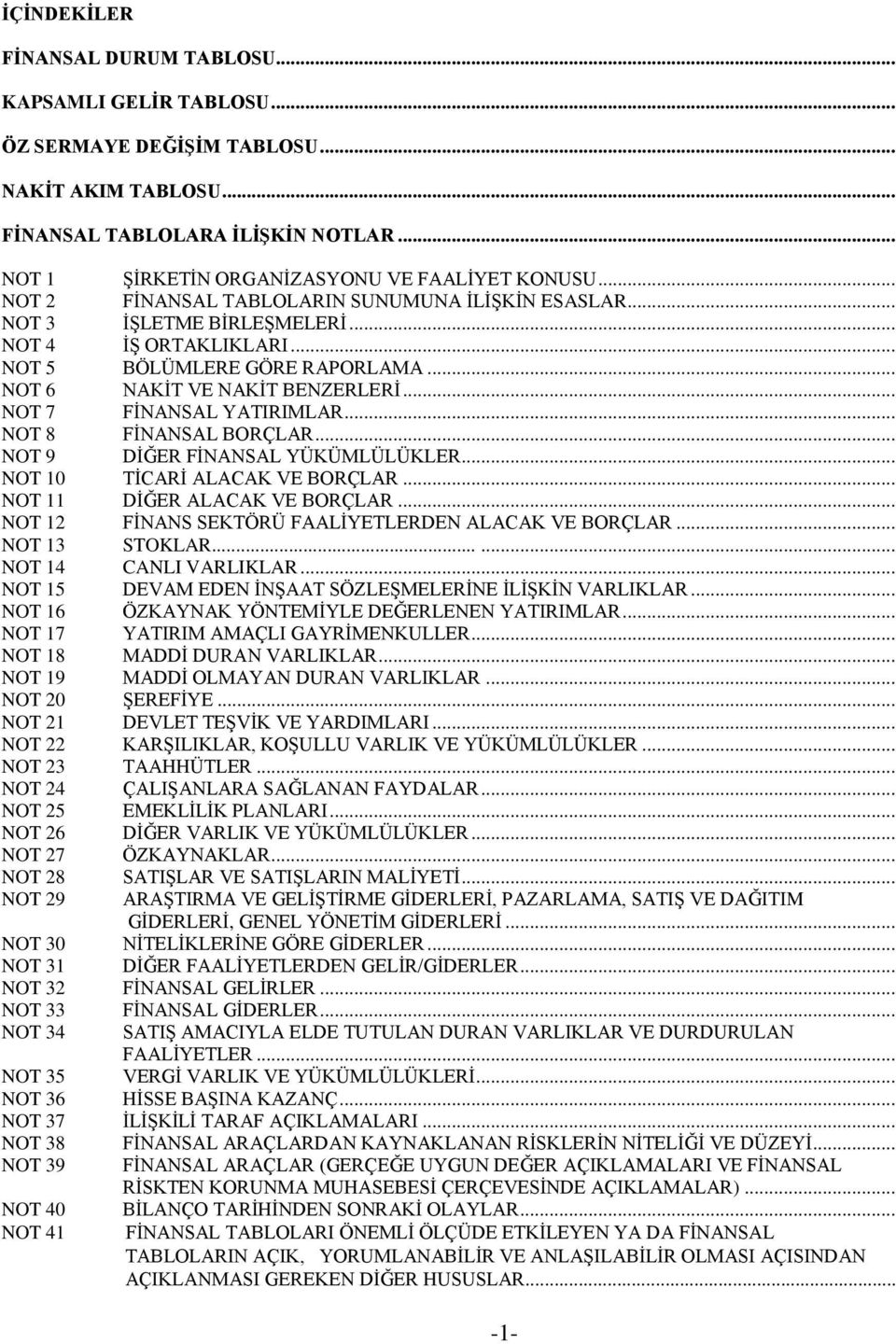 .. NOT 7 FĠNANSAL YATIRIMLAR... NOT 8 FĠNANSAL BORÇLAR... NOT 9 DĠĞER FĠNANSAL YÜKÜMLÜLÜKLER... NOT 10 TĠCARĠ ALACAK VE BORÇLAR... NOT 11 DĠĞER ALACAK VE BORÇLAR.