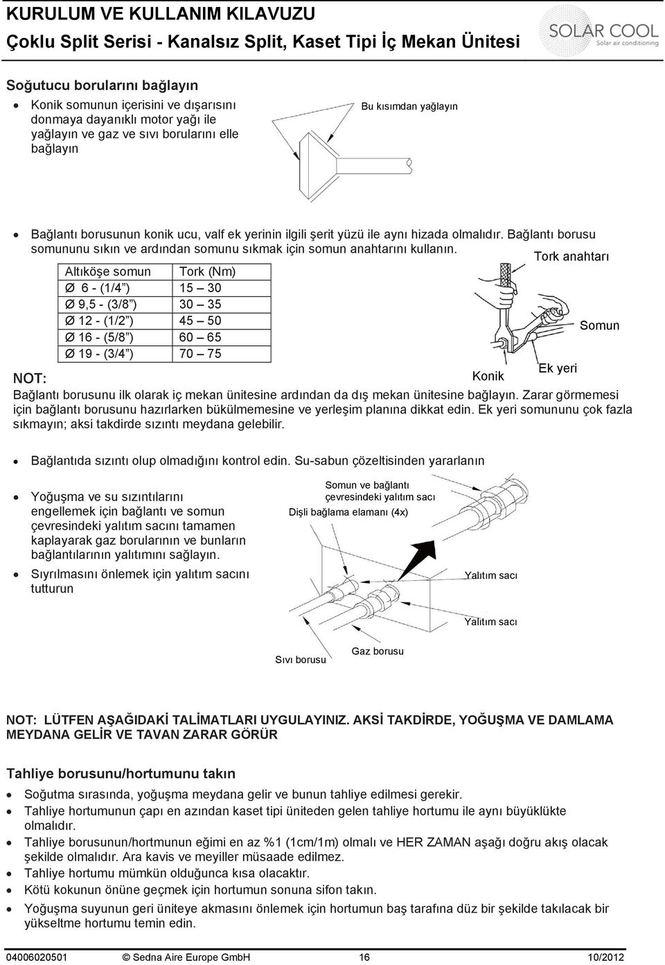 Tork anahtarı Altıköşe somun Tork (Nm) Ø 6 - (1/4 ) 15 30 Ø 9,5 - (3/8 ) 30 35 Ø 12 - (1/2 ) 45 50 Ø 16 - (5/8 ) 60 65 Somun Ø 19 - (3/4 ) 70 75 NOT: Konik Ek yeri Bağlantı borusunu ilk olarak iç