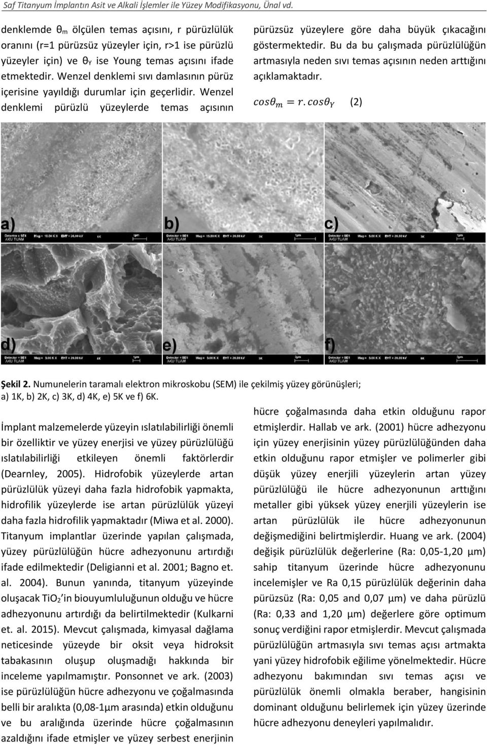 Bu da bu çalışmada pürüzlülüğün artmasıyla neden sıvı temas açısının neden arttığını açıklamaktadır. cosθ = r. cosθ (2) Şekil 2.