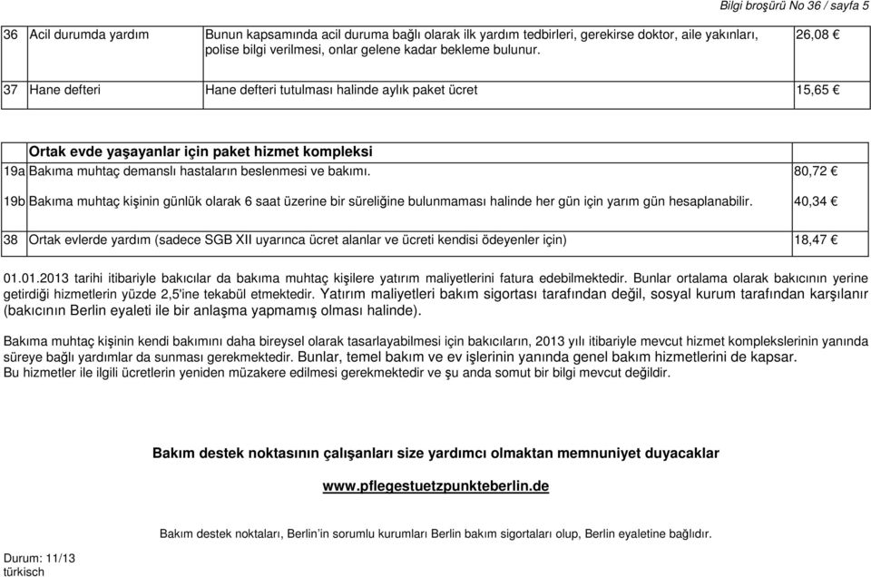 26,08 37 Hane defteri Hane defteri tutulması halinde aylık paket ücret 15,65 Ortak evde yaşayanlar için paket hizmet kompleksi 19a Bakıma muhtaç demanslı hastaların beslenmesi ve bakımı.