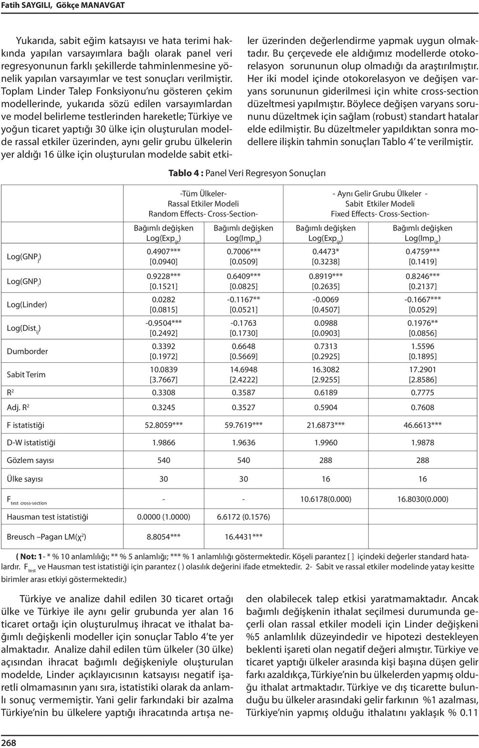 Toplam Linder Talep Fonksiyonu nu gösteren çekim modellerinde, yukarıda sözü edilen varsayımlardan ve model belirleme testlerinden hareketle; Türkiye ve yoğun ticaret yaptığı 30 ülke için oluşturulan