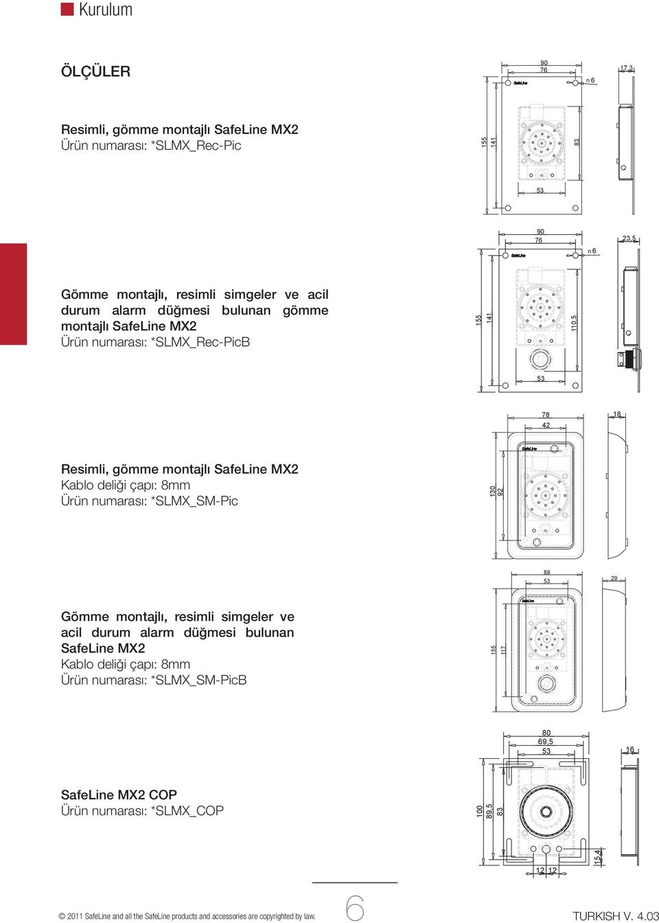 numarası: *SLMX_SM-Pic 130 92 89 53 29 Gömme montajlı, resimli simgeler ve acil durum alarm düğmesi bulunan SafeLine MX2 Kablo deliği çapı: 8mm Ürün numarası: *SLMX_SM-PicB