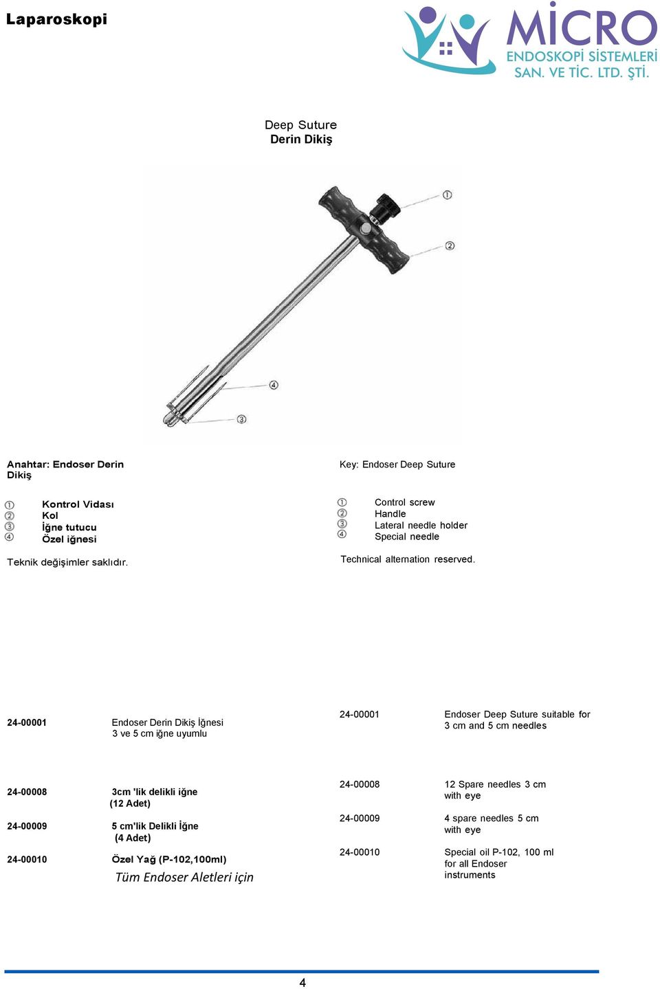 24-00001 Endoser Derin Dikiş İğnesi 3 ve 5 cm iğne uyumlu 24-00008 3cm 'lik delikli iğne (12 Adet) 24-00009 5 cm'lik Delikli İğne 24-00001 Endoser Deep Suture