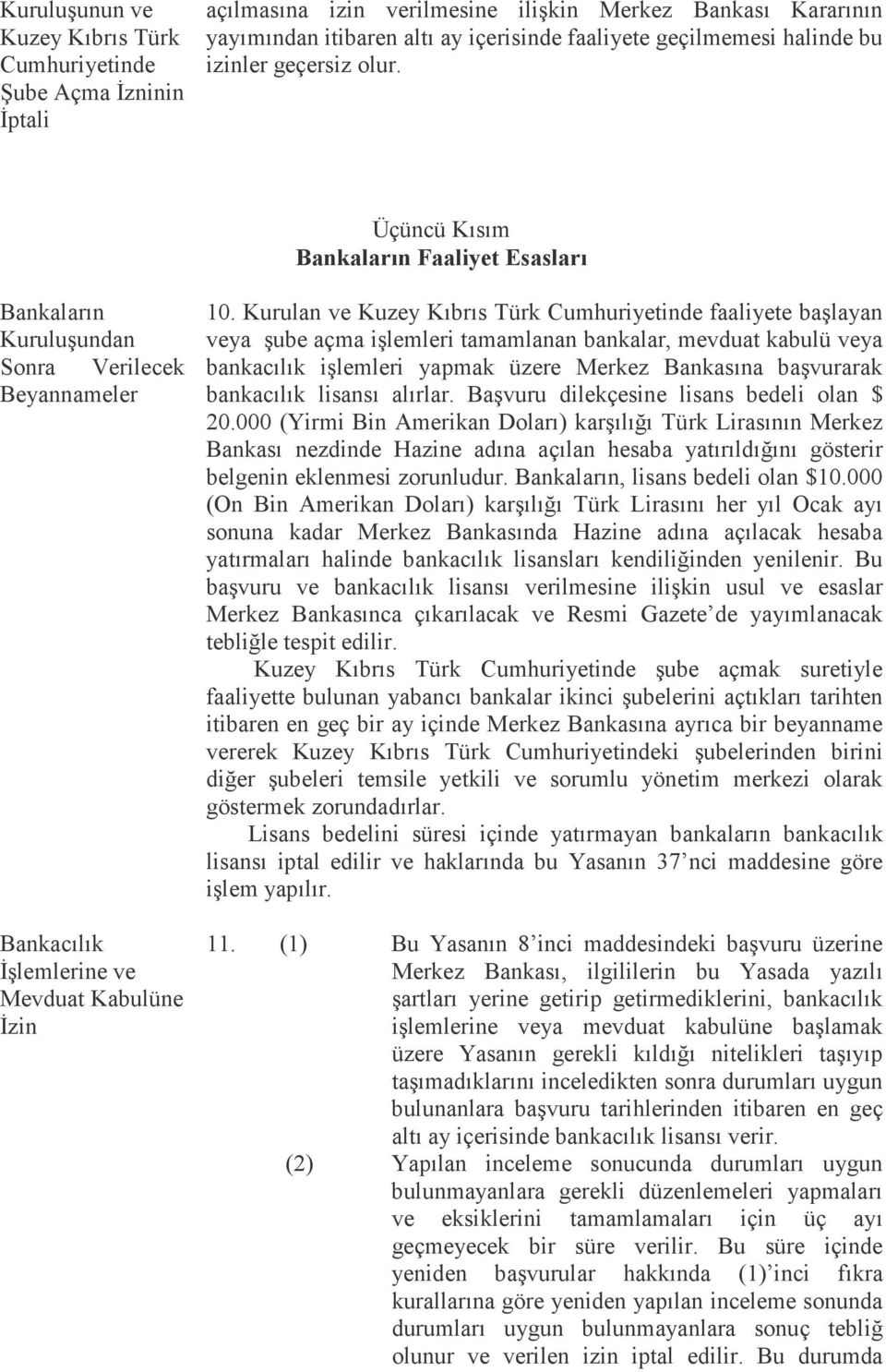 Kurulan ve Kuzey Kıbrıs Türk Cumhuriyetinde faaliyete başlayan veya şube açma işlemleri tamamlanan bankalar, mevduat kabulü veya bankacılık işlemleri yapmak üzere Merkez Bankasına başvurarak