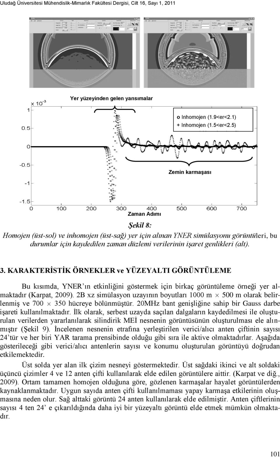 işaret genlikleri (alt). 3. KARAKTERİSTİK ÖRNEKLER ve YÜZEYALTI GÖRÜNTÜLEME Bu kısımda, YNER ın etkinliğini göstermek için birkaç görüntüleme örneği yer almaktadır (Karpat, 2009).