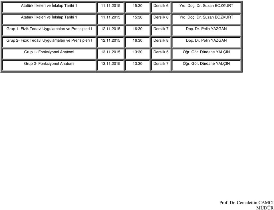 11.2015 16:30 Derslik 8 Doç. Dr. Pelin YAZGAN Grup 1- Fonksiyonel Anatomi 13.11.2015 13:30 Derslik 5 Öğr. Gör.