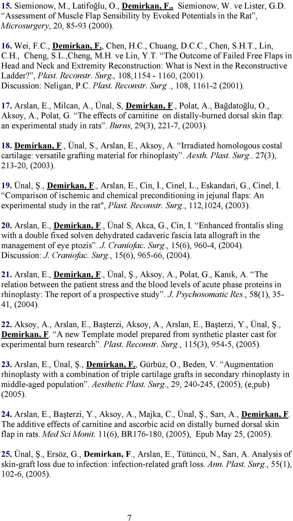 , Plast. Reconstr.., 108,1154-1160, (2001). Discussion: Neligan, P.C. Plast. Reconstr.., 108, 1161-2 (2001). 17. Arslan, E., Milcan, A., Ünal, S, Demirkan, F., Polat, A., Bağdatoğlu, O., Aksoy, A.