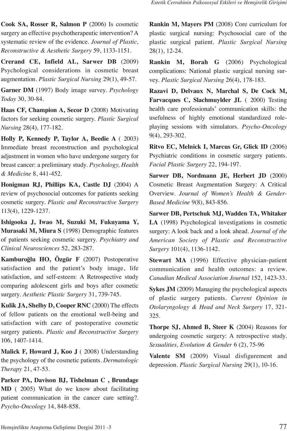 Plastic Surgical Nursing 29(1), 49-57. Garner DM (1997) Body image survey. Psychology Today 30, 30-84. Haas CF, Champion A, Secor D (2008) Motivating factors for seeking cosmetic surgery.