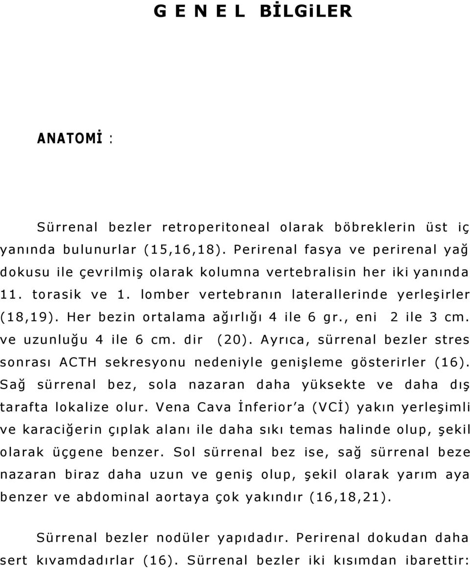 Her bezin ortalama ağırlığı 4 ile 6 gr., eni 2 ile 3 cm. ve uzunluğu 4 ile 6 cm. dir (20). Ayrıca, sürrenal bezler stres sonrası ACTH sekresyonu nedeniyle genişleme gösterirler (16).