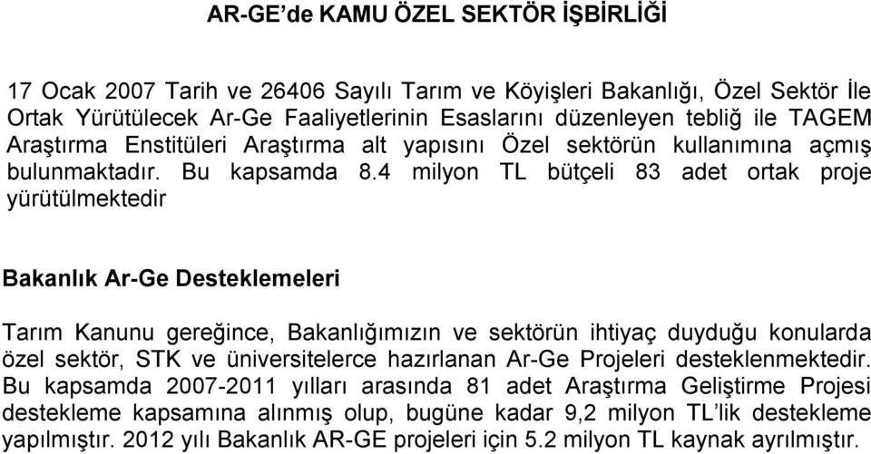 4 milyon TL bütçeli 83 adet ortak proje yürütülmektedir Bakanlık Ar-Ge Desteklemeleri Tarım Kanunu gereğince, Bakanlığımızın ve sektörün ihtiyaç duyduğu konularda özel sektör, STK ve