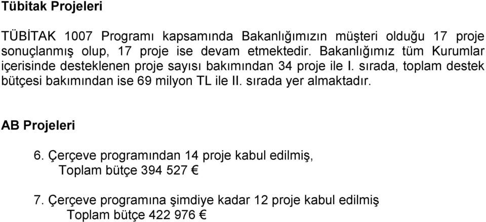 sırada, toplam destek bütçesi bakımından ise 69 milyon TL ile II. sırada yer almaktadır. AB Projeleri 6.