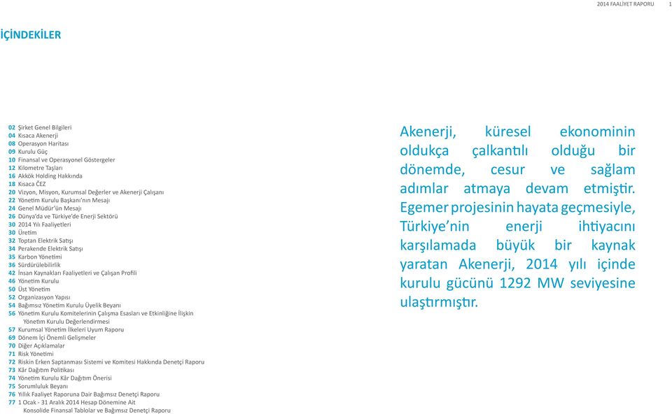 Dünya da ve Türkiye de Enerji Sektörü 2014 Yılı Faaliyetleri Üretim Toptan Elektrik Satışı Perakende Elektrik Satışı Karbon Yönetimi Sürdürülebilirlik İnsan Kaynakları Faaliyetleri ve Çalışan Profili