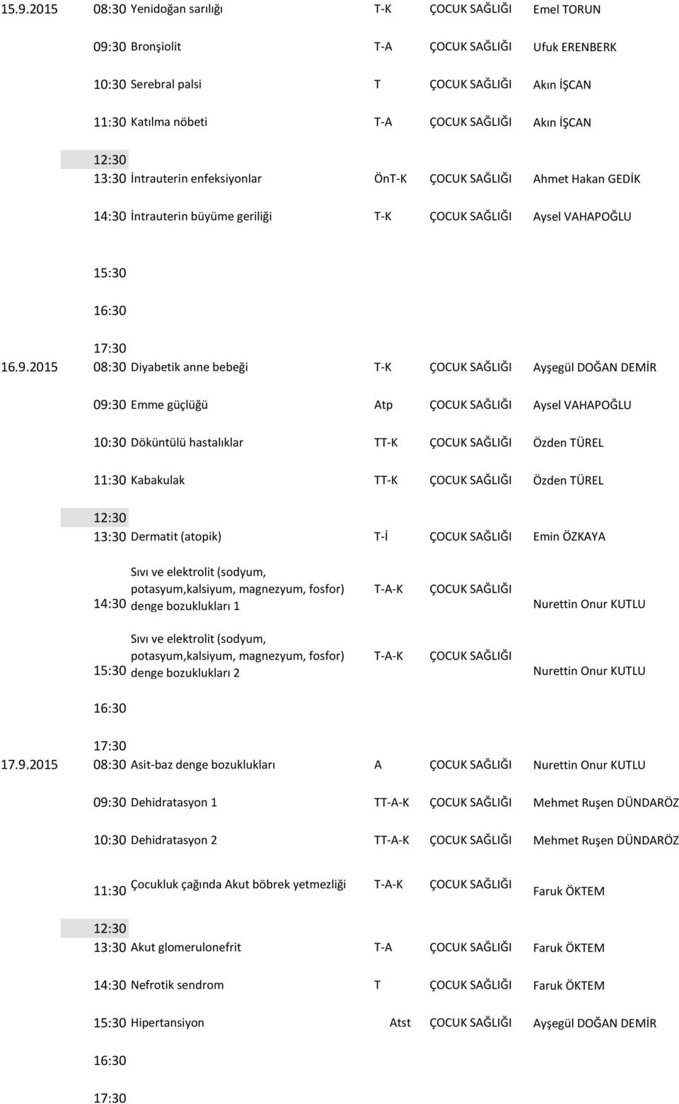 2015 08:30 Diyabetik anne bebeği T K ÇOCUK SAĞLIĞI Ayşegül DOĞAN DEMİR 09:30 Emme güçlüğü Atp ÇOCUK SAĞLIĞI Aysel VAHAPOĞLU 10:30 Döküntülü hastalıklar TT K ÇOCUK SAĞLIĞI Özden TÜREL 11:30 Kabakulak