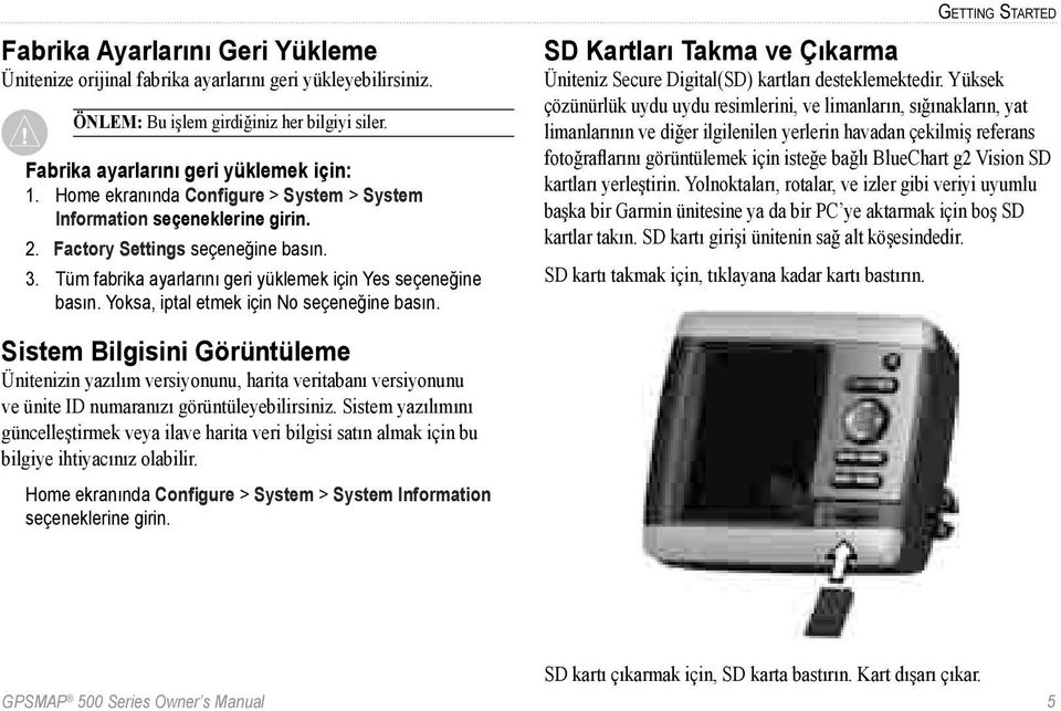 Yoksa, iptal etmek için No seçeneğine basın. GETTING STARTED SD Kartları Takma ve Çıkarma Üniteniz Secure Digital(SD) kartları desteklemektedir.