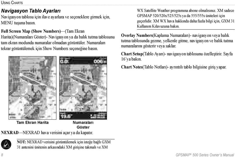 Numaraları tekrar görüntülemek için Show Numbers seçeneğine basın. WX Satellite Weather programına abone olmalısınız. XM sadece GPSMAP 520/520s/525/525s ya da 555/555s üniteleri için geçerlidir.