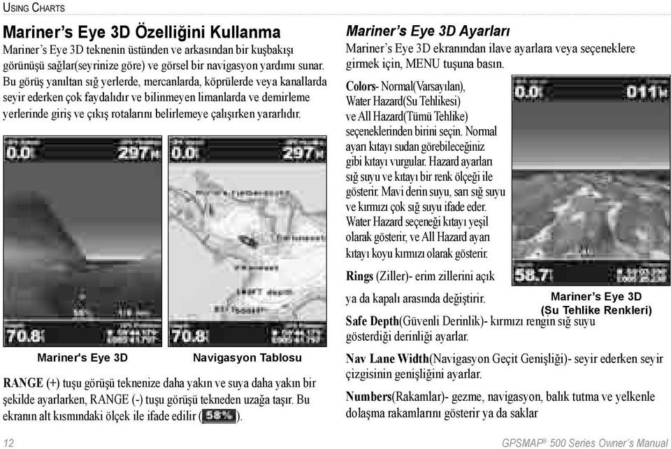 yararlıdır. Mariner's Eye 3D Navigasyon Tablosu RANGE (+) tuşu görüşü teknenize daha yakın ve suya daha yakın bir şekilde ayarlarken, RANGE (-) tuşu görüşü tekneden uzağa taşır.