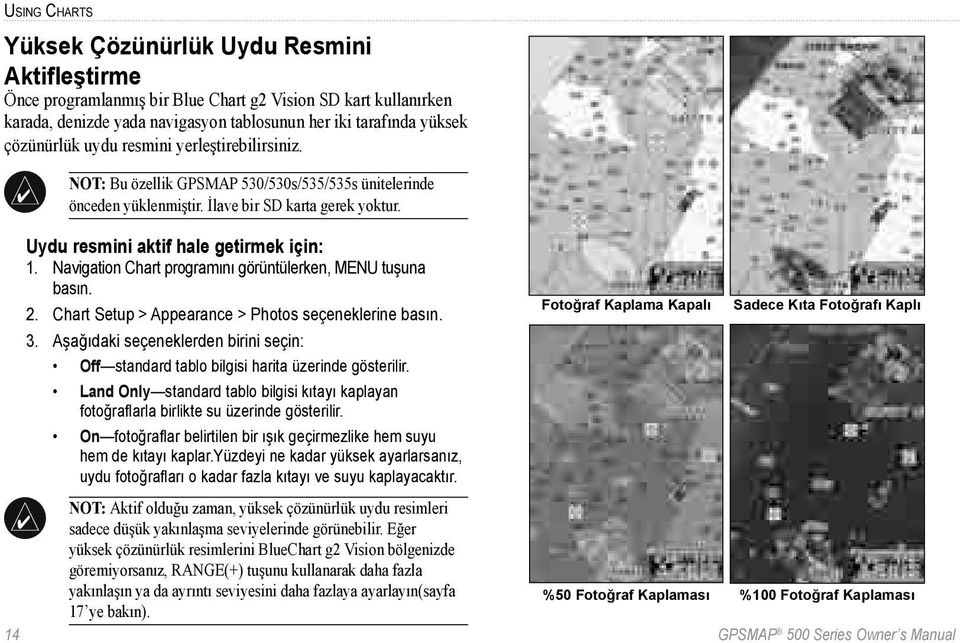 Navigation Chart programını görüntülerken, MENU tuşuna basın. 2. Chart Setup > Appearance > Photos seçeneklerine basın. 3.