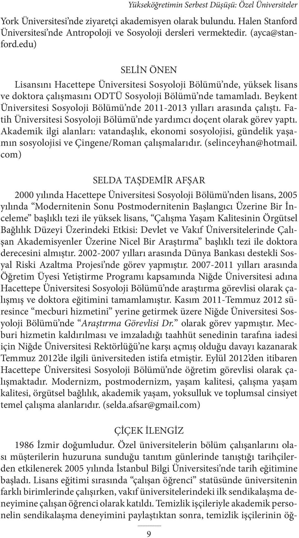 Beykent Üniversitesi Sosyoloji Bölümü nde 2011-2013 yılları arasında çalıştı. Fatih Üniversitesi Sosyoloji Bölümü nde yardımcı doçent olarak görev yaptı.