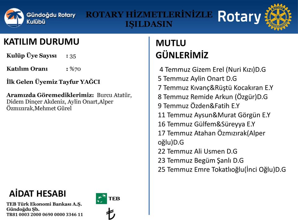 Y 8 Temmuz Remide Arkun (Özgür)D.G 9 Temmuz Özden&Fatih E.Y 11 Temmuz Aysun&Murat Görgün E.Y 16 Temmuz Gülfem&Süreyya E.Y 17 Temmuz Atahan Özmızırak(Alper oğlu)d.