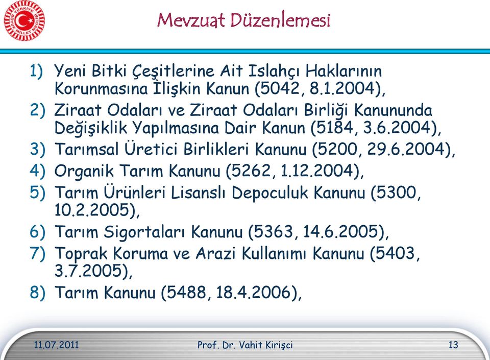 2004), 5) Tarım Ürünleri Lisanslı Depoculuk Kanunu (5300, 10.2.2005), 6) Tarım Sigortaları Kanunu (5363, 14.6.2005), 7) Toprak Koruma ve Arazi Kullanımı Kanunu (5403, 3.