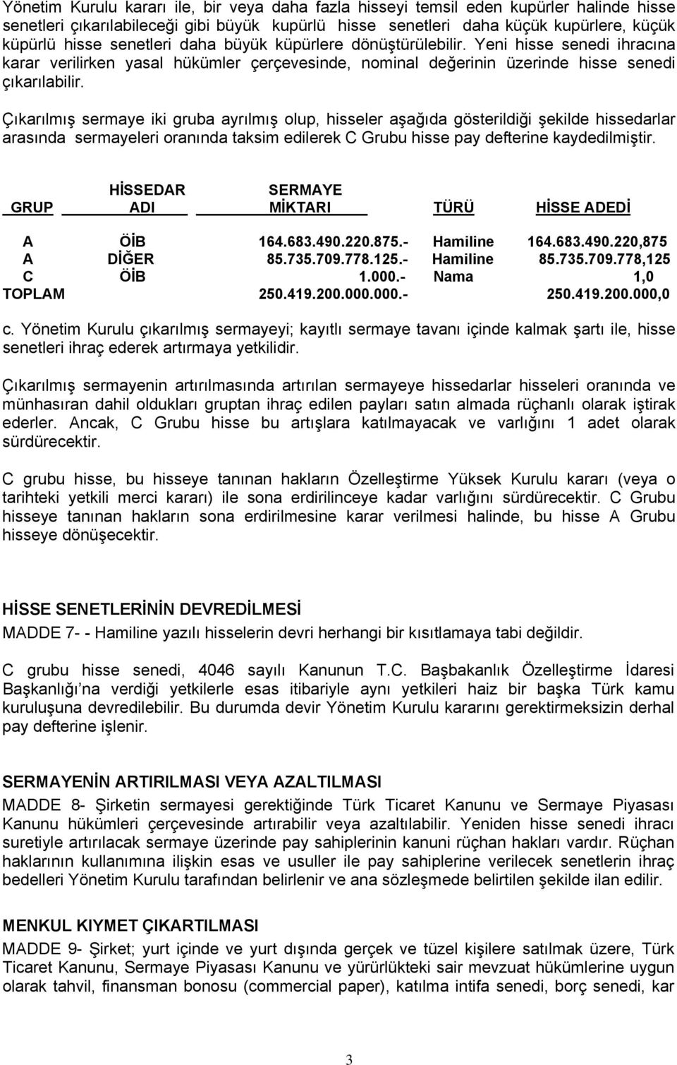 Çıkarılmış sermaye iki gruba ayrılmış olup, hisseler aşağıda gösterildiği şekilde hissedarlar arasında sermayeleri oranında taksim edilerek C Grubu hisse pay defterine kaydedilmiştir.