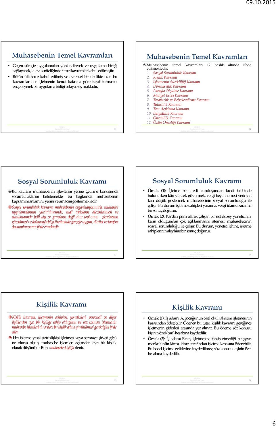 31 Muhasebenin Temel Kavramları Muhasebenin temel kavramları 12 başlık altında ifade edilmektedir. 1. Sosyal Sorumluluk Kavramı 2. Kişilik Kavramı 3. İşletmenin Sürekliliği Kavramı 4.