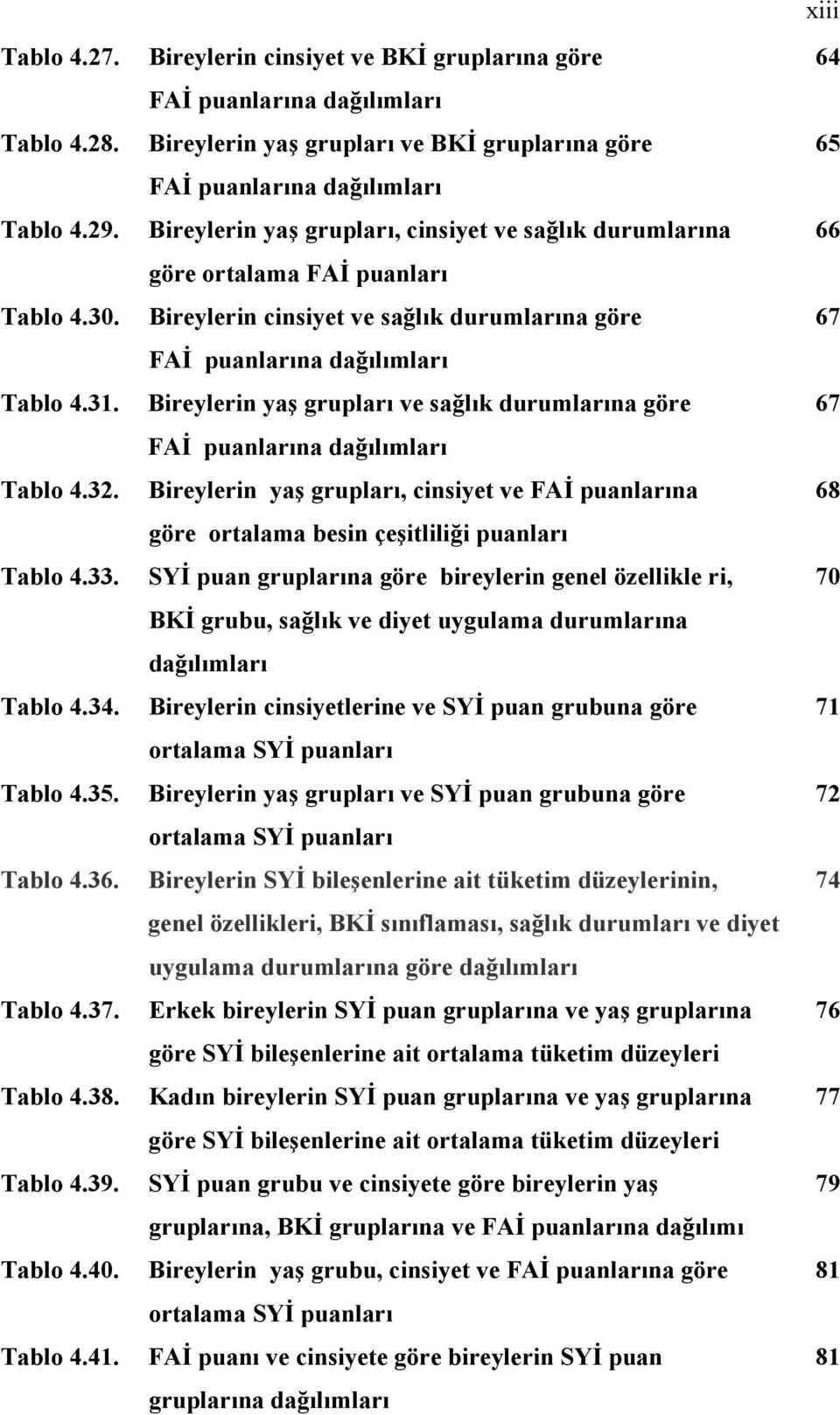 Bireylerin yaş grupları ve sağlık durumlarına göre 67 FAİ puanlarına dağılımları Tablo 4.32. Bireylerin yaş grupları, cinsiyet ve FAİ puanlarına 68 göre ortalama besin çeşitliliği puanları Tablo 4.33.