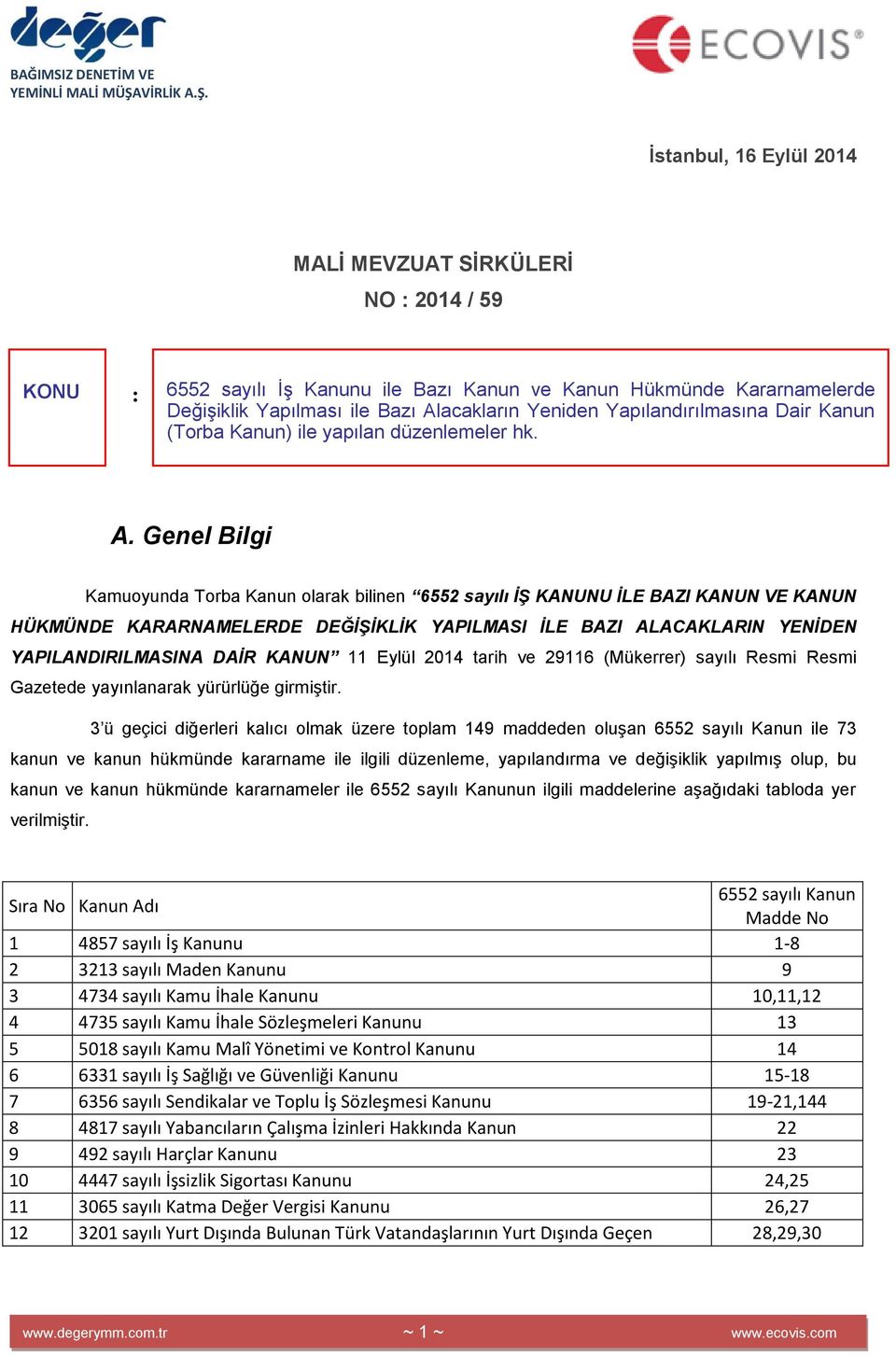 Genel Bilgi Kamuoyunda Torba Kanun olarak bilinen 6552 sayılı Ġġ KANUNU ĠLE BAZI KANUN VE KANUN HÜKMÜNDE KARARNAMELERDE DEĞĠġĠKLĠK YAPILMASI ĠLE BAZI ALACAKLARIN YENĠDEN YAPILANDIRILMASINA DAĠR KANUN