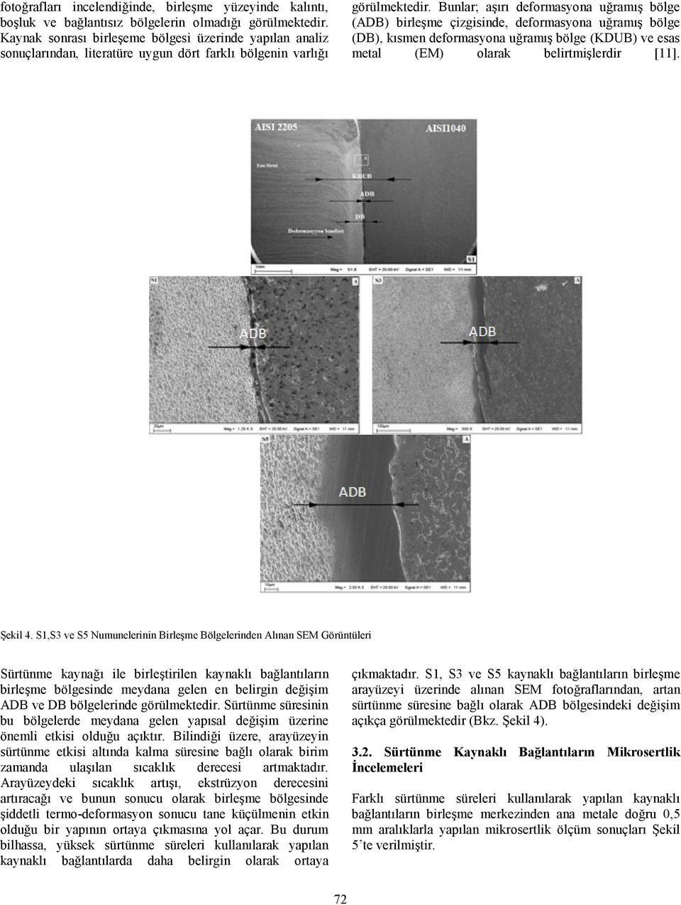 Bunlar; aşırı deformasyona uğramış bölge (ADB) birleşme çizgisinde, deformasyona uğramış bölge (DB), kısmen deformasyona uğramış bölge (KDUB) ve esas metal (EM) olarak belirtmişlerdir [11]. Şekil 4.