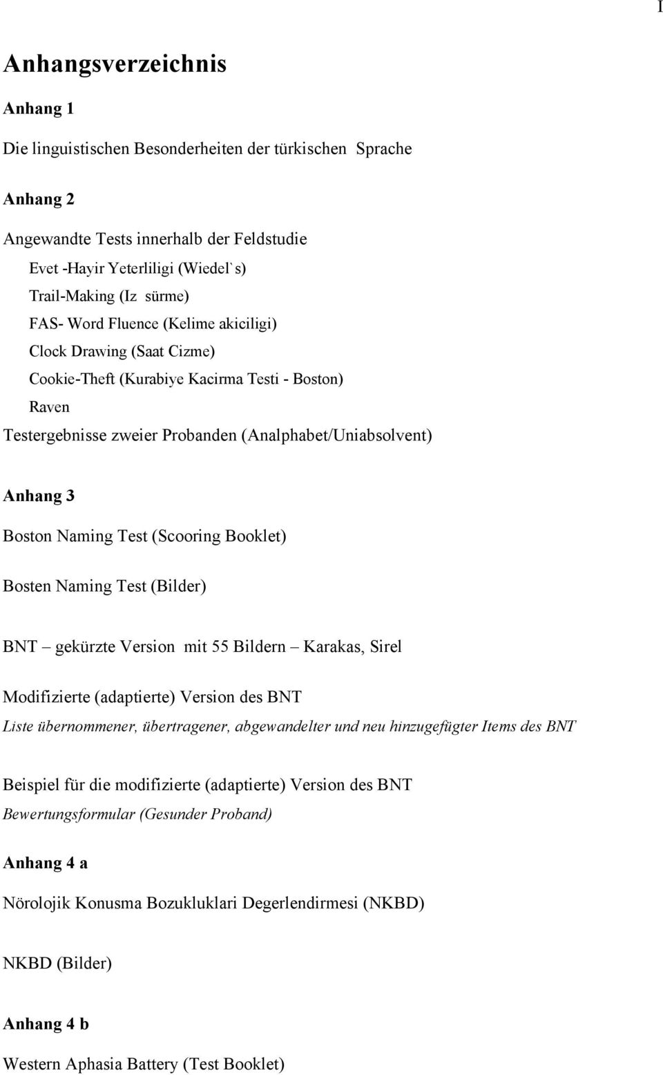 Test (Scooring Booklet) Bosten Naming Test (Bilder) BNT gekürzte Version mit 55 Bildern Karakas, Sirel Modifizierte (adaptierte) Version des BNT Liste übernommener, übertragener, abgewandelter und