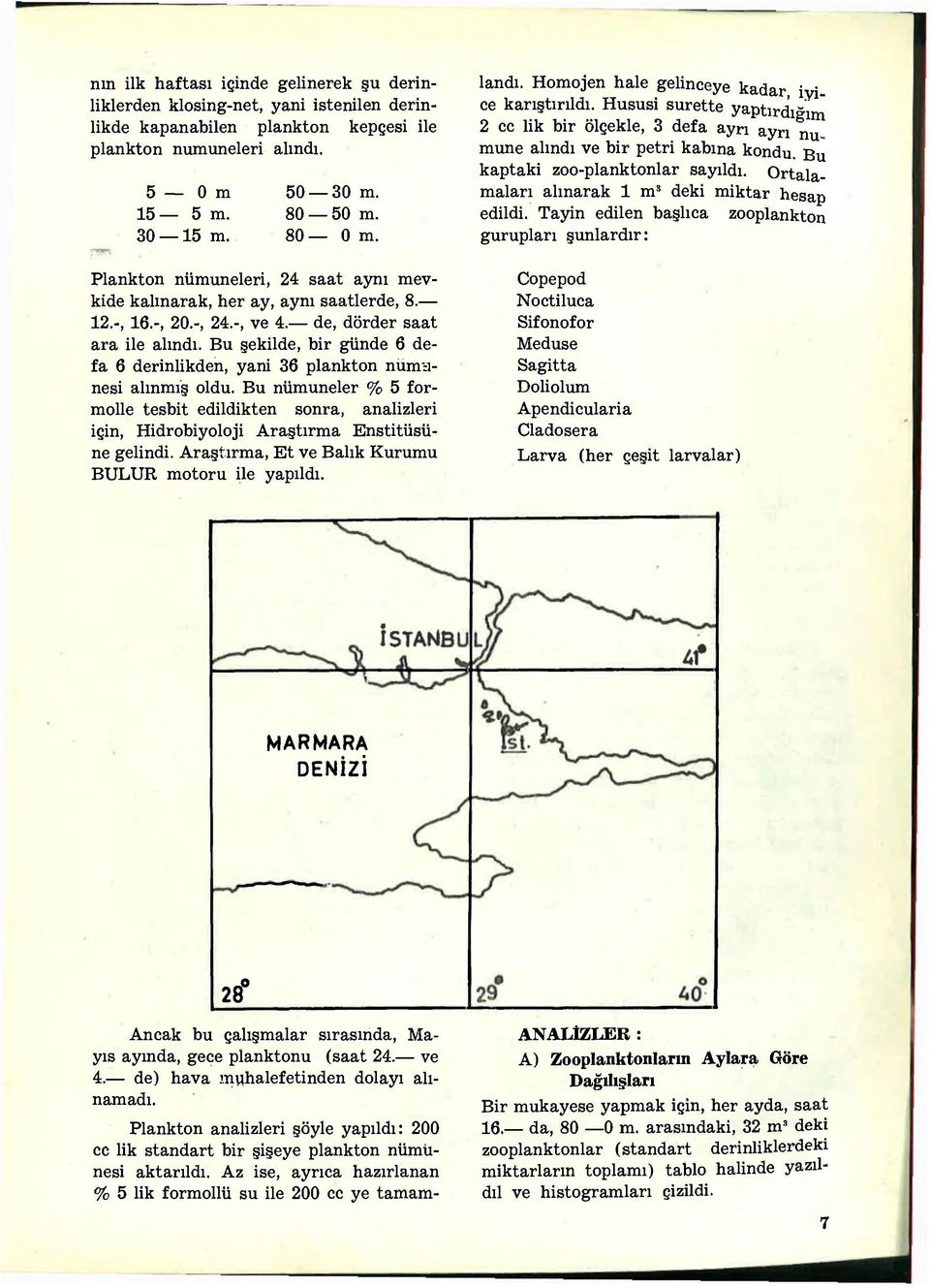 Bu şekilde, bir günde 6 defa 6 derinlikden, yani 36 plankton numunesi alınmış oldu. Bu nümuneler % 5 formolle tesbit edildikten sonra, analizleri için, Hidrobiyoloji Araştırma Enstitüsüne gelindi.