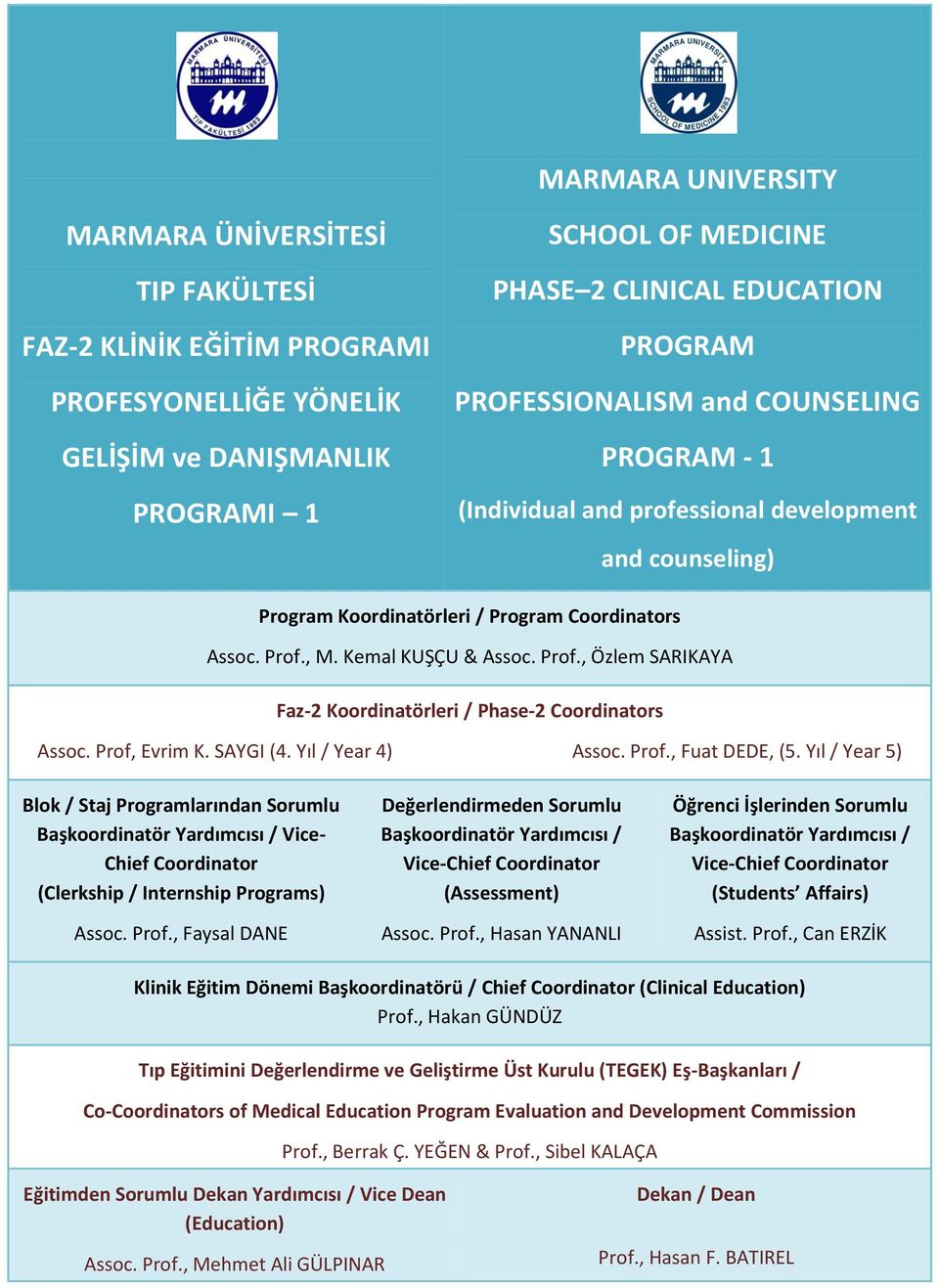 , M. Kemal KUŞÇU & Assoc. Prof., Özlem SARIKAYA Faz-2 Koordinatörleri / Phase-2 Coordinators Assoc. Prof, Evrim K. SAYGI (4. Yıl / Year 4) Assoc. Prof., Fuat DEDE, (5.