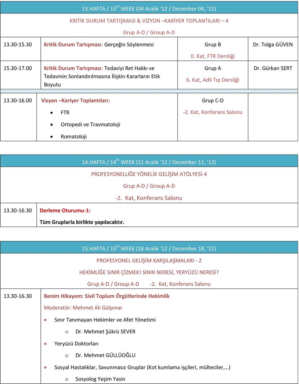 00 Vizyon Kariyer Toplantıları: Grup C-D FTR Ortopedi ve Travmatoloji Romatoloji -2. Kat, Konferans Salonu 14.