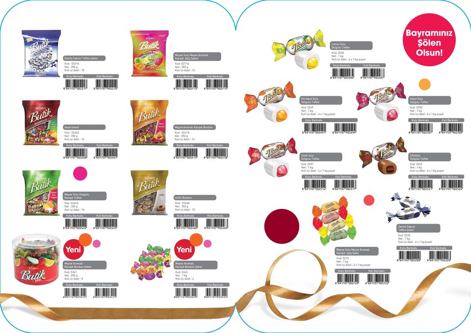 0241A Net : 350 g Koli içi Adet : 10 Çilek Sulu Dolgulu Toffee Kod: 0251 x 1 kg poşet Çikolata Dolgulu Toffee Kod: 0252 x 1 kg poşet Meyve Sulu Dolgulu Karışık Toffee Sütlü Bonbon Kod: 0242A Net :