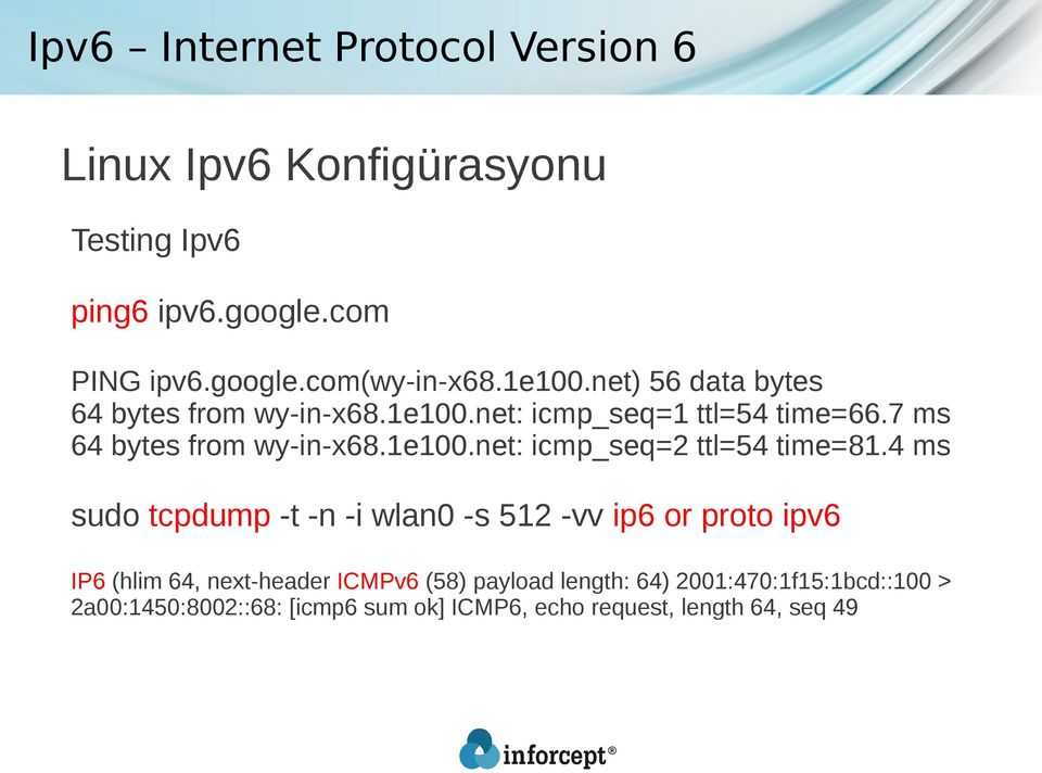 4 ms sudo tcpdump -t -n -i wlan0 -s 512 -vv ip6 or proto ipv6 IP6 (hlim 64, next-header ICMPv6 (58) payload length: