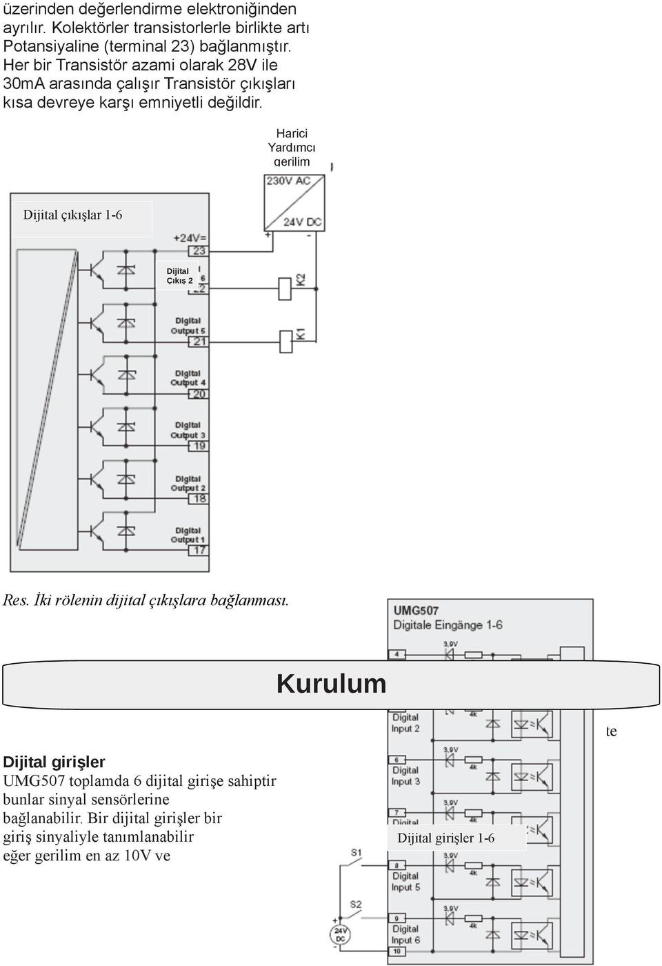 Harici Yardımcı gerilim Dijital çıkışlar 1-6 Dijital Çıkış 2 Res. İki rölenin dijital çıkışlara bağlanması.