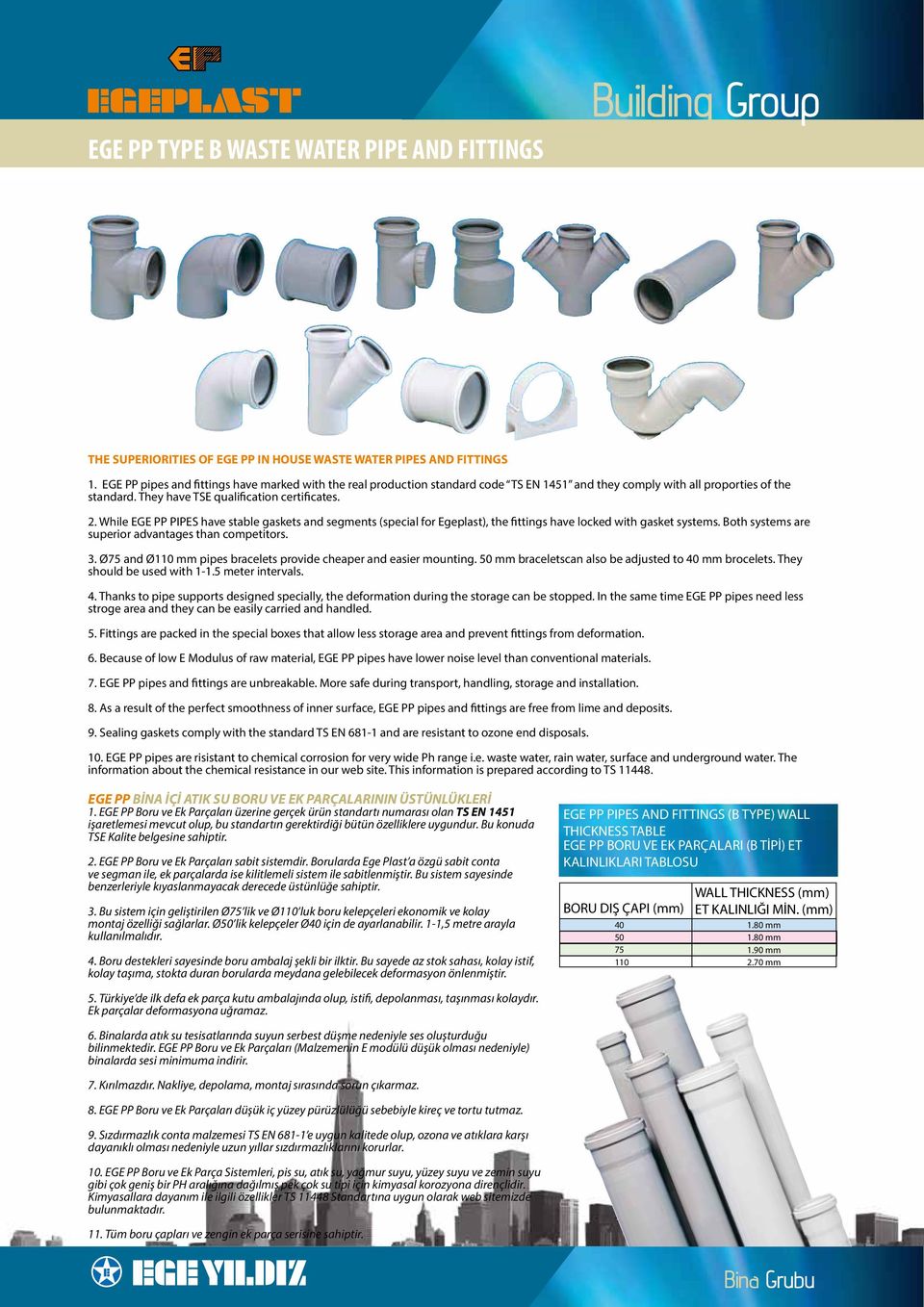 While EGE PP PIPES have stable gaskets and segments (special for Egeplast), the fittings have locked with gasket systems. Both systems are superior advantages than competitors. 3.